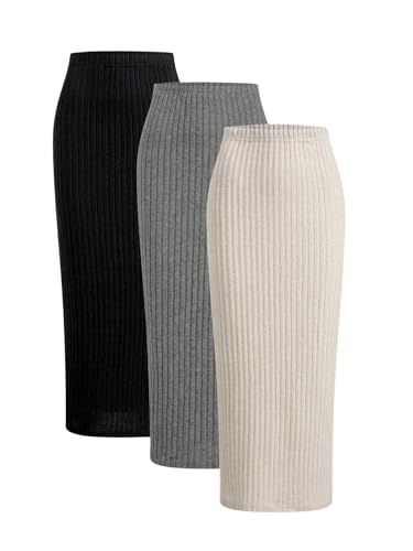 SOLY HUX Damen 3er Set Rock Strickrock Basic Langer Rock Bleistiftrock Bodycon Herbstrock Freizeitrock Schwarz Multi L von SOLY HUX