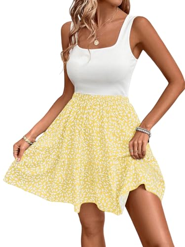 SOLY HUX Damen A Linien Kleid Ärmellos Sommerkleid Blümchen Kurzkleid 2-1 Freizeitkleid Tankkleid Boho Casualkleid Gelb L von SOLY HUX