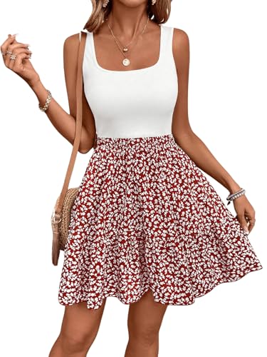 SOLY HUX Damen A Linien Kleid Ärmellos Sommerkleid Blümchen Kurzkleid 2-1 Freizeitkleid Tankkleid Boho Casualkleid Rot und Weiß M von SOLY HUX