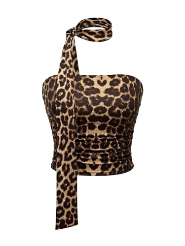 SOLY HUX Damen Ärmellos Crop Top Leoparden Y2K Sommertop Trägelos Tops Neckholder Partytop Schulterfrei Oberteile Modische Clubtop Bauchfreies Oberteil Leo M von SOLY HUX