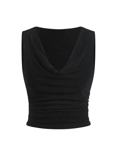 SOLY HUX Damen Ärmellos Oberteil Elegant Tank Top Drapiertem Kragen Sommertop Crop Tops Büro Oberteile Sommershirt Schwarz XS von SOLY HUX
