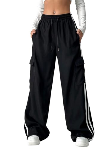 SOLY HUX Damen Baggy Cargohose Y2K Cargo Hose Lang Freiziethose mit Taschen Elastische Taille Trainingshose Sweathose Streatwear Schwarz M von SOLY HUX