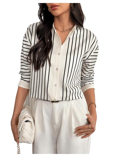 SOLY HUX Damen Bluse Elegant Oberteile Button Down Bluseshirt Gestreift Hemdshirt Office Tunika Langarm Aprikosenfarben M von SOLY HUX