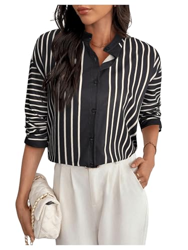 SOLY HUX Damen Bluse Elegant Oberteile Button Down Bluseshirt Gestreift Hemdshirt Office Tunika Langarm Schwarz L von SOLY HUX