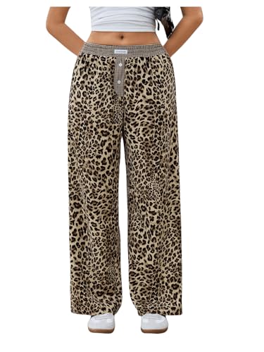 SOLY HUX Damen Breite Bein Hose Y2K Straßenmode Straighthose mit Leopardmuster Freizeithose Palazzo Pants Herbst Outfit Braun L von SOLY HUX