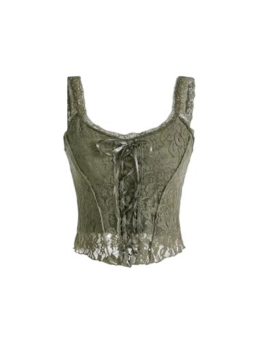 SOLY HUX Damen Cami Top Crop Tops Trägertop mit Spitzen Elegant Trägershirt Spitzentop Untertop Casualtop mit Knoten Grün L von SOLY HUX