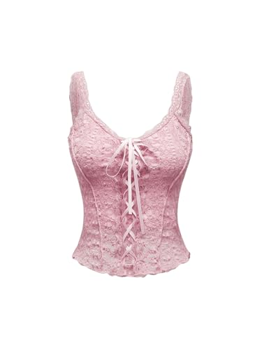 SOLY HUX Damen Cami Top Crop Tops Trägertop mit Spitzen Elegant Trägershirt Spitzentop Untertop Casualtop mit Knoten Rosa XL von SOLY HUX