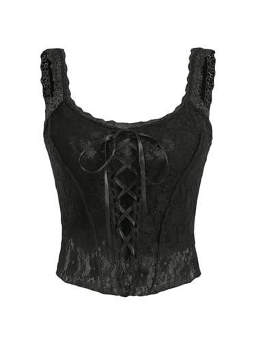 SOLY HUX Damen Cami Top Crop Tops Trägertop mit Spitzen Elegant Trägershirt Spitzentop Untertop Casualtop mit Knoten Schwarz L von SOLY HUX