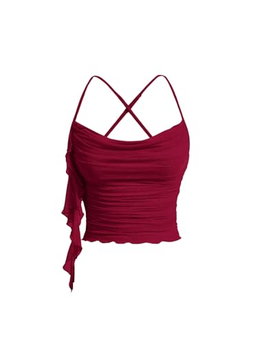 SOLY HUX Damen Camisole Top Crop Tank Top Trägertop Bauchfrei Sommertop mit Rüschen Partytop Festvial Outfit Croptop Untertop Bordeaux L von SOLY HUX