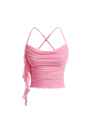 SOLY HUX Damen Camisole Top Crop Tank Top Trägertop Bauchfrei Sommertop mit Rüschen Partytop Festvial Outfit Croptop Untertop Rosa L von SOLY HUX