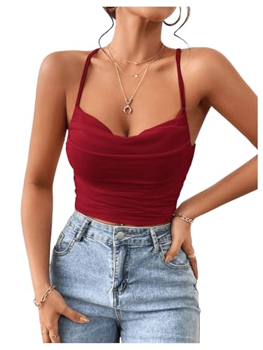 SOLY HUX Damen Camisole Top Crop Top Sommer Trägertop Y2K Bauchfrei Sommertop Kreuzgurt Partytop Festvial Outfit Tanktop Untertop Bordeaux L von SOLY HUX