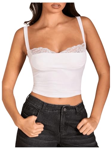 SOLY HUX Damen Camisole Top Spaghettiträger Crop Tops Y2K Sommertop mit Spitzen Trägertop Ärmellos Spitzentop Sommershirt Clubwear Weiß S von SOLY HUX