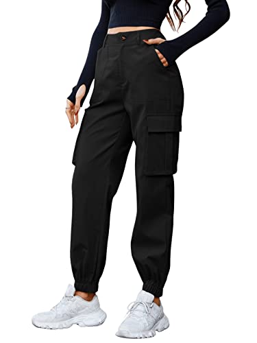 SOLY HUX Damen Cargo Hose Classics Cargohose Straight Hohe Taille Capri Lange Hosen Streatwear mit Taschen Schwarz L von SOLY HUX