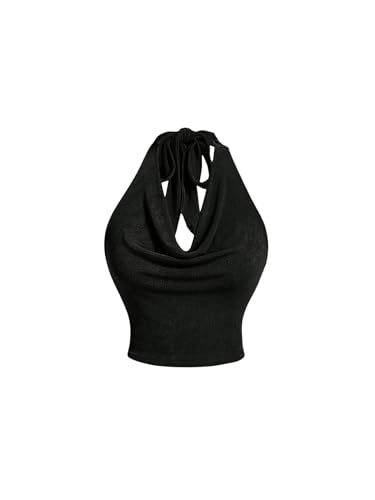 SOLY HUX Damen Crop Top Bauchfrei Oberteile Neckholder Top Ärmellose Tops Y2K Schulterfrei Tops Sommer Crop Top Partytop Sommershirt Schwarz L von SOLY HUX