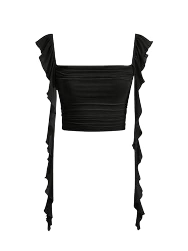 SOLY HUX Damen Crop Top Bauchfrei Oberteile Tank Tops mit Rüschensaum Partytop Camitop Sommer Festival Outfit Sommertop Schwarz L von SOLY HUX