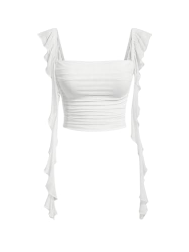 SOLY HUX Damen Crop Top Bauchfrei Oberteile Tank Tops mit Rüschensaum Partytop Camitop Sommer Festival Outfit Sommertop Weiß L von SOLY HUX