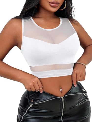 SOLY HUX Damen Crop Top Sommer Y2K Bauchfrei Oberteil Tanktop Ärmellos Sommertop Partytop Mesh Top Netzshirt Weiß M von SOLY HUX