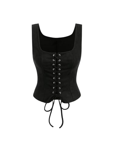SOLY HUX Damen Vintage Weste Ärmellos Westen Kurz Jacke mit Schnürung Vorne Retro-Weste Strechy Oberteil Sommer Streetwear Schwarz XS von SOLY HUX