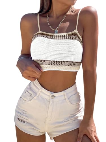 SOLY HUX Damen Crop Tops Spaghetti Top Farbblock Stricktop Strand Bauchfreies Sommertop Ärmellose Camitops Oberteil Spaghettiträger-Top Freizeittop Weiß L von SOLY HUX