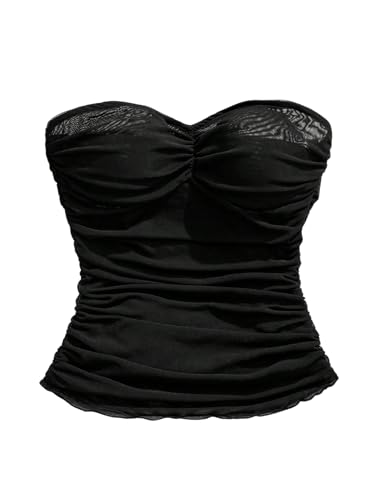 SOLY HUX Damen Crop Tube Top Sommer Tops Netz Schulterfreies Oberteil Y2K Sommertops Ärmellos Top Modisch Partytop Schwarz S von SOLY HUX