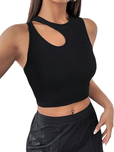 SOLY HUX Damen Y2K Sommer Crop top Cut Outs Tanktop Bauchfrei Oberteile Ärmellos Sommertop Stricktop Festival Outfit Partytop Clubwear Casualtop Schwarz XS von SOLY HUX