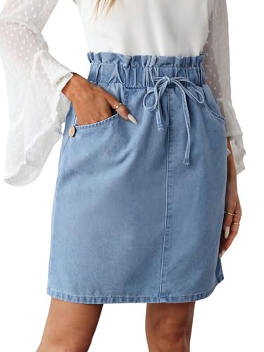SOLY HUX Damen Denim Rock Hohe Taille Jeansrock mit Taschen Sommerrock Elastische Bunud Freizeitrock Office Kurze Röcke Sommer Urlaub Jeansröcke Blau S von SOLY HUX