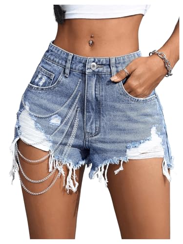 SOLY HUX Damen Denim Shorts Jeans Kurze Hose mit Kette Sommer Short Destroyed Zerrissener Jeansshort Bermuda-Shorts Jean Shorts Hellblau XS von SOLY HUX