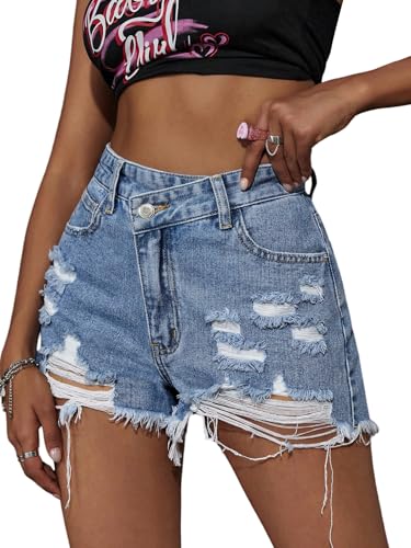 SOLY HUX Damen Denim Shorts Kurze Jeansshort Hohe Taille Sommershorts Destroyed Zerrissene Jeans Short Freizeit Kurzhose mit Tasche Bermuda-Shorts Blau XS von SOLY HUX