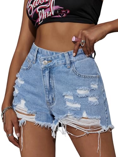 SOLY HUX Damen Denim Shorts Kurze Jeansshort Hohe Taille Sommershorts Destroyed Zerrissene Jeans Short Freizeit Kurzhose mit Tasche Bermuda-Shorts Hellblau M von SOLY HUX