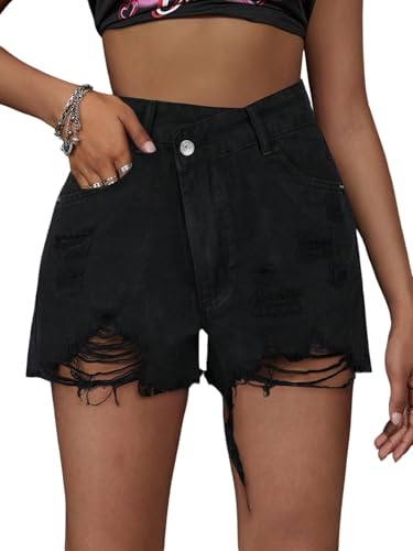 SOLY HUX Damen Denim Shorts Kurze Jeansshort Hohe Taille Sommershorts Destroyed Zerrissene Jeans Short Freizeit Kurzhose mit Tasche Bermuda-Shorts Schwarz S von SOLY HUX