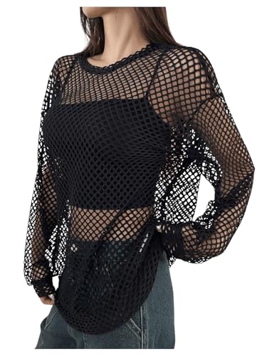 SOLY HUX Damen Top Langarm Durchsichtig Langarmshirt Y2K Oberteile Haken Netzshirt Party Outfit Cover Up Shirt Schwarz XL von SOLY HUX