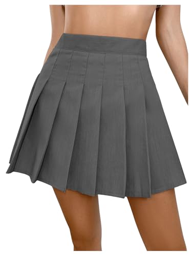 SOLY HUX Damen Faltenrock Kurz Rock Hohe Taille Skaterrock Festival Outfit Prepy Röcke Sommer Freizeitrock Partyrock Tanzrock Dunkelgrau L von SOLY HUX
