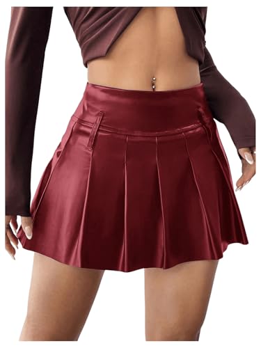 SOLY HUX Damen Faltenrock PU Leder Skater Rock Plissierter Rock Partyröcke Y2K Mini Rock Kurz Freizeitrock Casual Röcke Bordeaux S von SOLY HUX