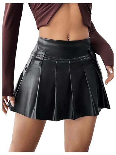 SOLY HUX Damen PU Leder Skater Rock Y2K Mini Rock Faltenrock Kurz Plissierter Rock Partyröcke Freizeitrock Clubwear Minirock Schwarz S von SOLY HUX