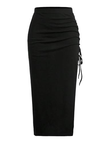 SOLY HUX Damen Figurbetonter Rock Elegant Midirock Y2K Casualrock mit Schlitz Hohe Taille Freizeitrock Party Festival Outfit Enger Röcke Schwarz XS von SOLY HUX