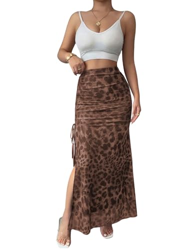 SOLY HUX Damen Figurbotener Rock Elegant Leoparden Mesh Röcke mit Schlitz Hohe Taille Freizeitrock Langer Partyrock Tanzrock Herbst Outfit Khaki S von SOLY HUX