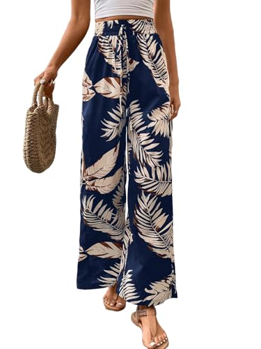 SOLY HUX Damen Hose Breites Bein Sommerhose Hohe Taille Freizeithose Locker Hosen Pflanzenmuster Böhmische Straighthose mit Elastischer Bund Lange Casualhose Dunkelblau L von SOLY HUX