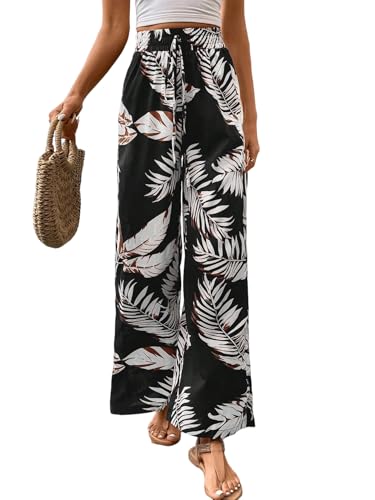 SOLY HUX Damen Hose Breites Bein Sommerhose Hohe Taille Freizeithose Locker Hosen Pflanzenmuster Böhmische Straighthose mit Elastischer Bund Lange Casualhose Schwarz XS von SOLY HUX