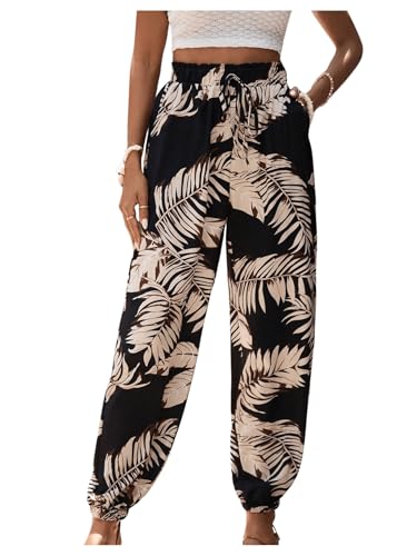 SOLY HUX Damen Hose Casualhose mit Tropenmuster Böhmisch Hosen Sommerhose Leicht Stoffhose Strandhose Elastische Bund Schwarz XS von SOLY HUX