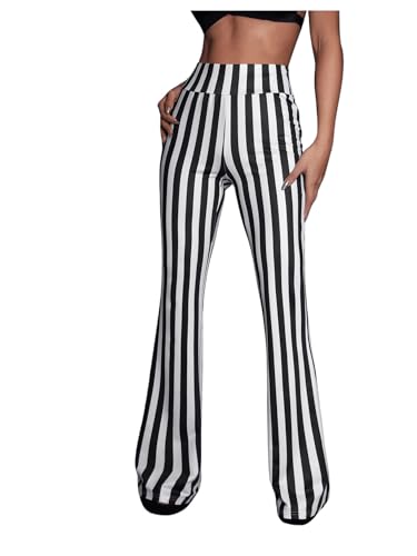 SOLY HUX Damen Hose Elegant Gestreifte Hose Schlaghose Office Casualhose Freizeithosen Anzughose Lange Hosen mit Hohe Taille Schwarz und Weiß S von SOLY HUX
