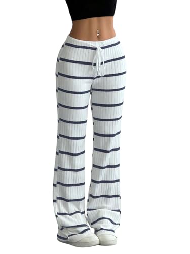 SOLY HUX Damen Hose Gestreifte Sommerhose Lange Schlaghose Leggings mit Tunnelzug Freizeithose Drop Waist Jogging Casualshort Sommer Outfits Dunkelblau M von SOLY HUX