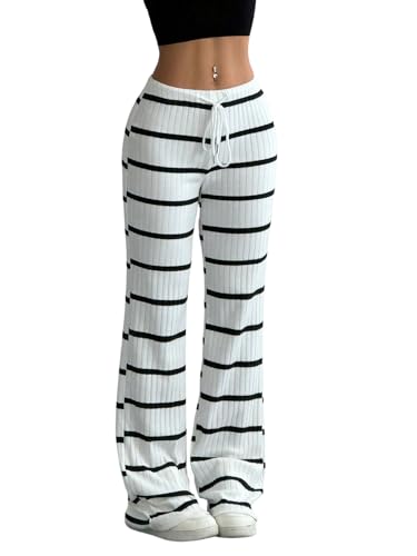 SOLY HUX Damen Hose Gestreifte Sommerhose Lange Schlaghose Leggings mit Tunnelzug Freizeithose Drop Waist Jogging Casualshort Sommer Outfits Schwarz S von SOLY HUX