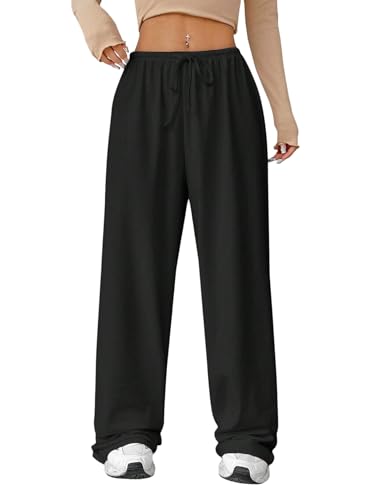 SOLY HUX Damen Hose Lang Freizeithosen Einfarbig Jogginghose mit Kordelzug Breite Casualhose Bequeme Stoffhose Yogahose Sporthose Schwarz S von SOLY HUX