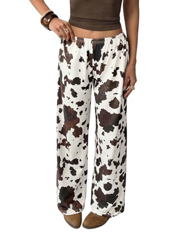 SOLY HUX Damen Hose Lang Weite Beine Freizeithosen mit Kuh-Druck Casualhose Leicht Stoffhose mit Gummizug Jogginghose Sweathose Braun L von SOLY HUX