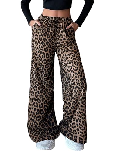 SOLY HUX Damen Hose Leopardenmuster Lange Hosen Y2K Hohe Taille Sommerhose Weite Freizeithose mit Taschen Locker Casualhose mit Tunnelzug Leo L von SOLY HUX