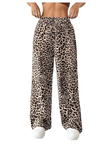 SOLY HUX Damen Hose Locker Freizeithose Straighthose mit Leopardmuster Y2K Lange Palazzo Hosen mit Tunnelzug Khaki XS von SOLY HUX