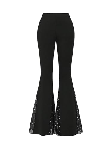 SOLY HUX Damen Hose Mode Schlaghose mit Mesh Leggins Casual Hosen Lange Hose Freizeithose mit Elastischem Bund Schwarz XL von SOLY HUX