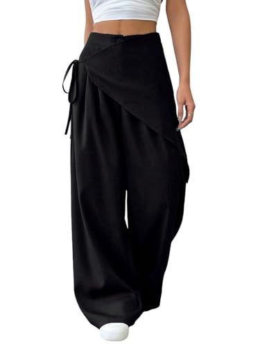 SOLY HUX Damen Hose Weites Bein Freizeithose Hohe Taille Palazzo Hosen mit Cross Wrap Casualhose Schicke Stoffhose Anzughose Herbst Outfit Schwarz L von SOLY HUX