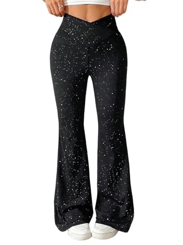 SOLY HUX Damen Hosen Elegant Glitzer Schlaghose Fashion Schlagleggings Elastischer Taille Casualhose Herbst Party Outfit Schwarz M von SOLY HUX