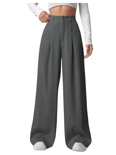 SOLY HUX Damen Hosen Elegant Office Hose Weite Beine Anzughose mit Taschen Freizeithosen Palazzo Hosen mit Reißverschluss Dunkelgrau M von SOLY HUX
